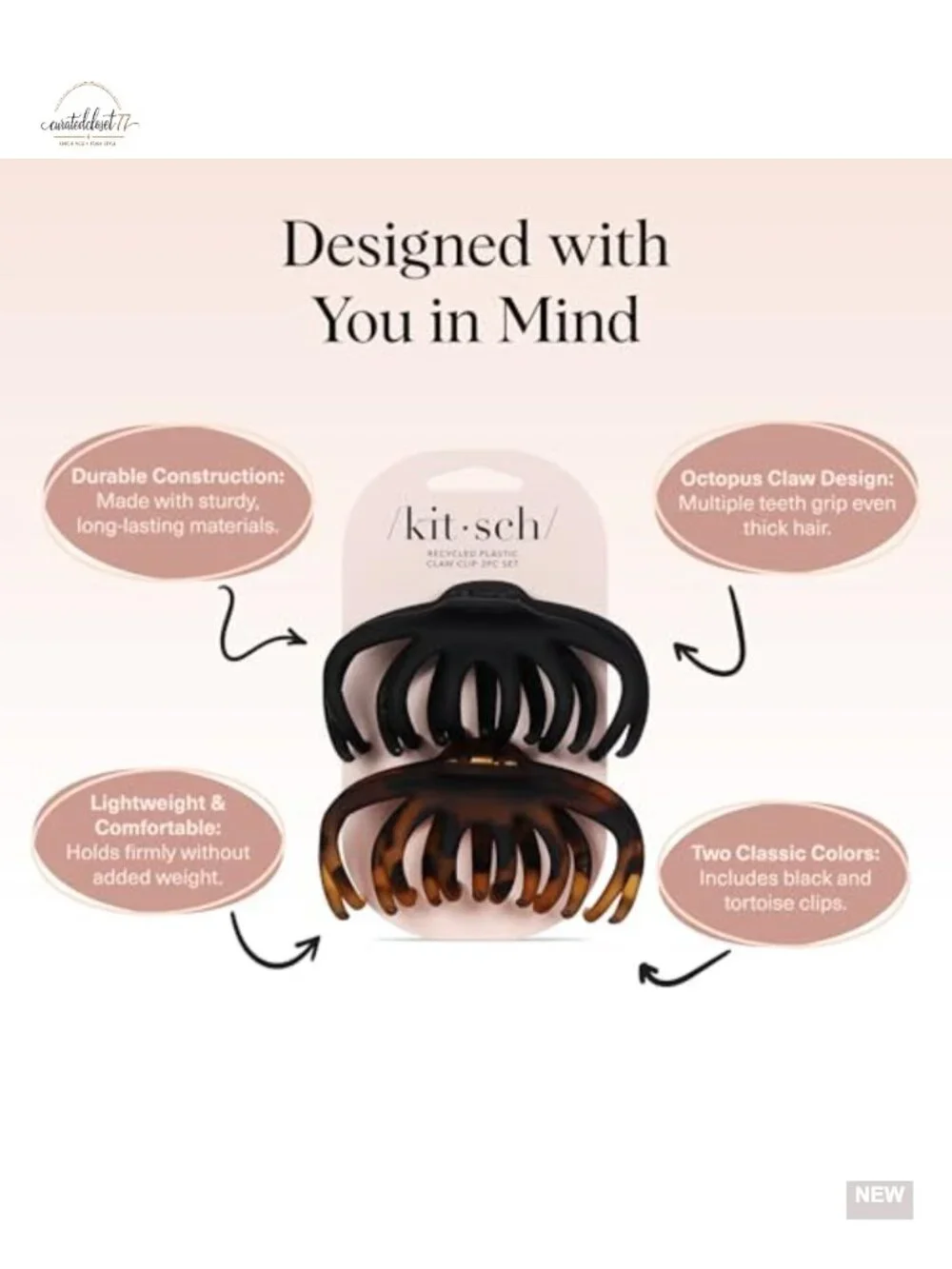 Large Octopus Hair Claws for Thick Hair - Recycled Plastic Slip-Free Grip 2 Pack